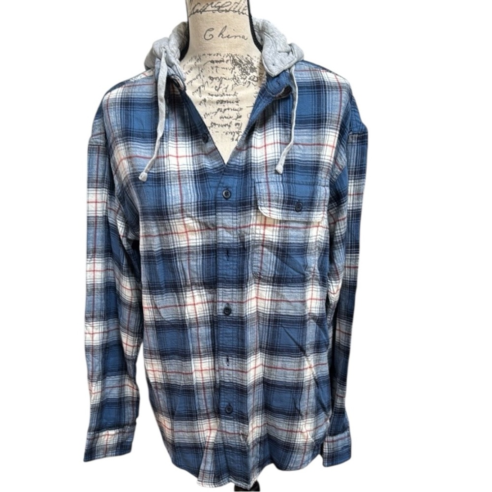 NWT 🦅 AE Flannel Blue Plaid Hoodie Shirt